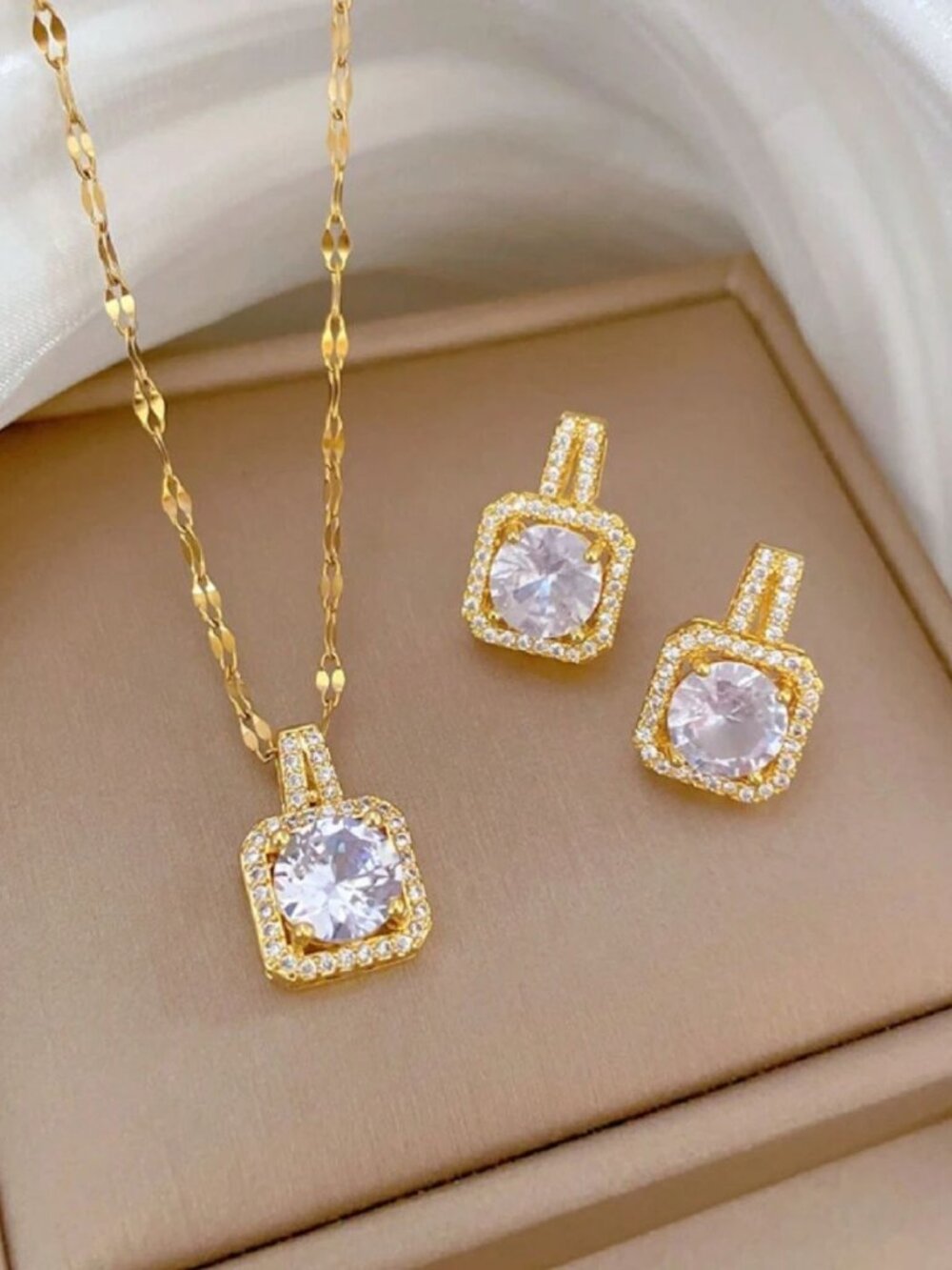 18K Gold Plated Stainless Steel Necklace & Earrings Set With Zirconia